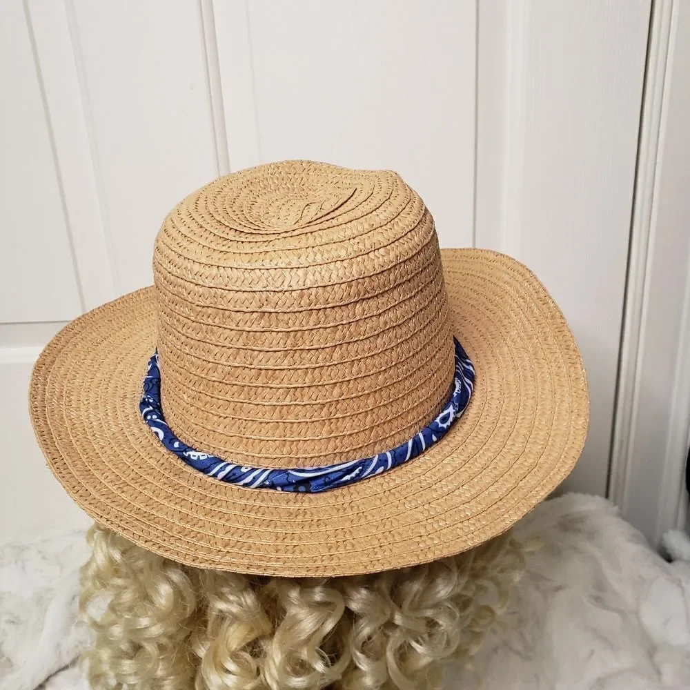 Paper Sun Hat w/Blue and White Hat Band